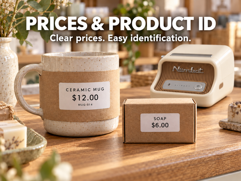 White labels with prices and product identification