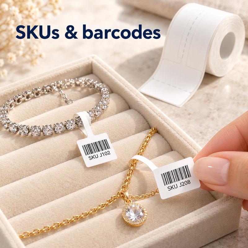 Jewelry tags with SKUs and barcodes