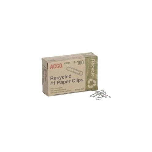 Acco Recycled Paper Clips - No. 1 - 10 Sheet Capacity - Durable, Reusable - 100 / Box - Silver - Metal