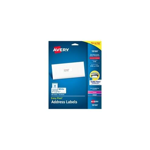 Avery® Easy Peel Address Labels - Sure Feed - Permanent Adhesive - 1" Width x 2 5/8" Length - Inkjet, Laser - White - 30 / Sheet - 300 / Pack