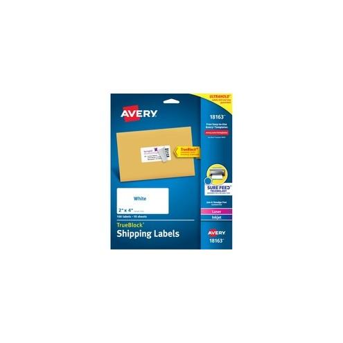 Avery® TrueBlock Shipping Labels - Sure Feed - Permanent Adhesive - 2" Width x 4" Length - Rectangle - Laser, Inkjet - White - 10 / Sheet - 100 / Pack