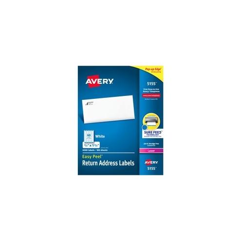 Avery® Easy Peel Address Labels - Sure Feed - Permanent Adhesive - 2/3" Width x 1 3/4" Length - Rectangle - Laser, Inkjet - White - 60 / Sheet - 6000 / Box