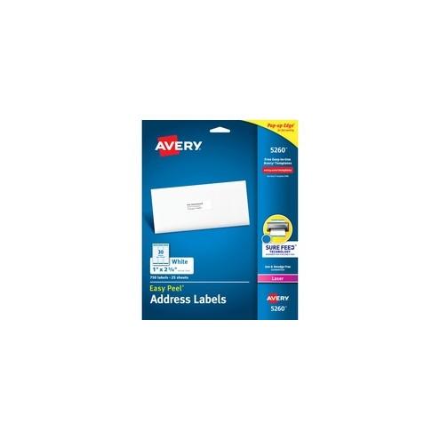 Avery® Easy Peel Address Labels - Sure Feed - Permanent Adhesive - 1" Width x 2 5/8" Length - Rectangle - Laser - White - 30 / Sheet - 750 / Pack