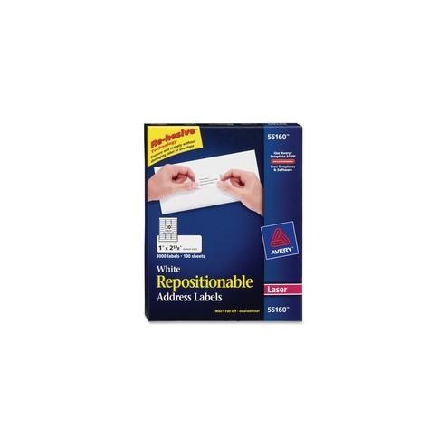 Avery® Repositionable Mailing Label - Removable Adhesive - 2 5/8" Width x 1" Length - Rectangle - Laser - White - Paper - 30 / Sheet - 3000 / Box