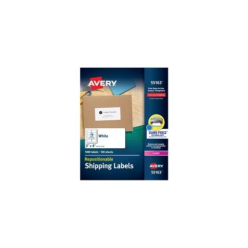 Avery® Shipping Labels - Sure Feed - Repositionable - Removable Adhesive - 4" Width x 2" Length - Rectangle - Laser - White - 10 / Sheet - 1000 / Box