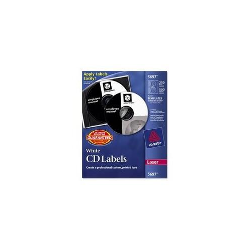 Avery® CD Labels with 500 Case Spine Labels - Removable Adhesive Length - Round - Laser - White - 2 / Sheet - 250 / Pack