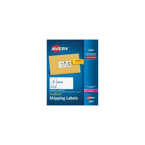 Avery® TrueBlock Shipping Labels - Sure Feed - Permanent Adhesive - 2" Width x 4" Length - Rectangle - Laser, Inkjet - White - 10 / Sheet - 2500 / Box