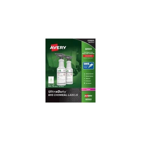 Avery® UltraDuty GHS Chemical Labels - Waterproof - UV-Resistant - Permanent Adhesive - 3 1/2" Width x 5" Length - Rectangle - Laser - White - Polyester Film - 4 / Sheet - 200 / Box