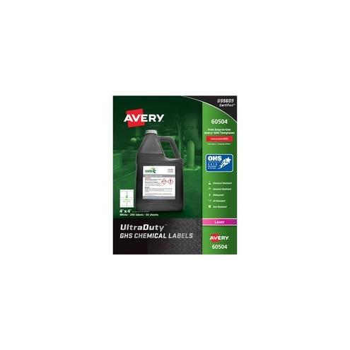 Avery® UltraDuty GHS Chemical Labels - Waterproof - UV-Resistant - Permanent Adhesive - 4" Width x 4" Length - Square - Laser - White - Polyester Film - 4 / Sheet - 200 / Box