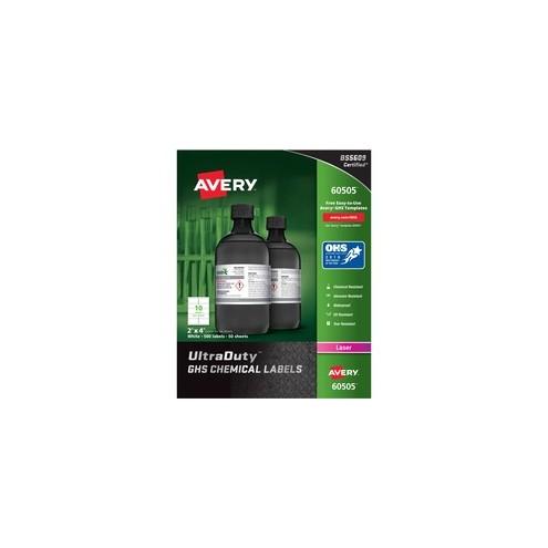 Avery® UltraDuty GHS Chemical Labels - Waterproof - UV-Resistant - Permanent Adhesive - 4" Width x 2" Length - Rectangle - Laser - White - Polyester Film - 10 / Sheet - 500 / Box