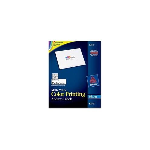 Avery® Color Printing Address Labels - Sure Feed - Permanent Adhesive - 2 5/8" Width x 1" Length - Inkjet - White - 600 / Pack