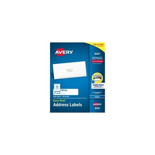 Avery® Easy Peel Address Labels - Sure Feed - Permanent Adhesive - 1" Width x 4" Length - Square - Inkjet - White - 20 / Sheet - 2000 / Box