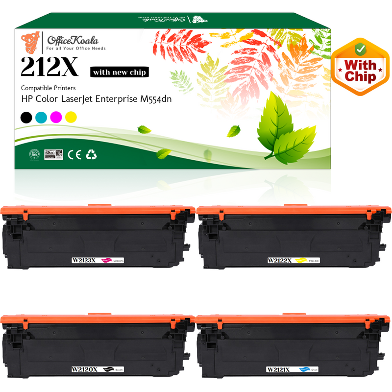 Office Koala 212X Black/Cyan/Magenta/Yellow Toner Cartridges(with New Chip), Compatible with HP Color LaserJet Enterprise M554dn (Replacement for OEM Part W2120X W2121X W2122X W2123X)