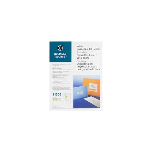 Business Source Bright White Premium-quality Address Labels - Permanent Adhesive - 1" Width x 2 5/8" Length - Rectangle - Laser, Inkjet - White - 30 / Sheet - 100 Total Sheets - 3000 / Pack