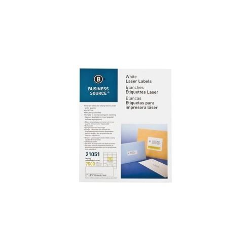 Business Source Bright White Premium-quality Address Labels - Permanent Adhesive - 1" Width x 2 5/8" Length - Rectangle - Laser, Inkjet - White - 30 / Sheet - 250 Total Sheets - 7500 / Pack