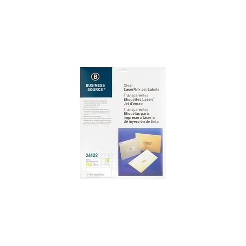 Business Source Clear Laser Print Mailing Labels - Permanent Adhesive - 1" Width x 2 3/4" Length - Rectangle - Laser - Clear - 30 / Sheet - 750 / Pack