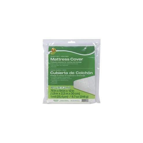 Duck Brand Queen/King Mattress Cover - Clear, 76 in. x 94 in. x 12 in. - 94" Length x 76" Width - Plastic - Clear - 1 Each