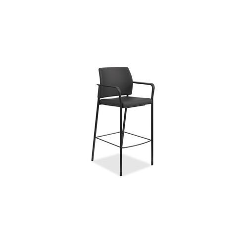 HON Accommodate Cafe Stool, Fixed Arms - Black Fabric Seat - Black Fabric Back - Textured Black Steel Frame - Four-legged Base - 23.3" Width x 21.3" Depth x 31.3" Height - 1 Each