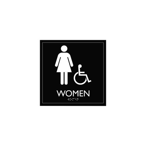Lorell Restroom Sign - 1 Each - Women Print/Message - 8" Width x 8" Height - Square Shape - Easy Readability, Injection-molded - Plastic - Black