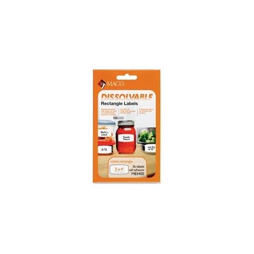 Maco Dissolvable Labels - 4" Width x 2" Length - Rectangle - White - 36 / Box