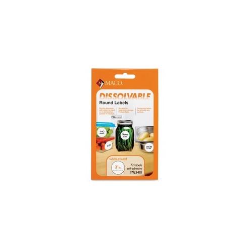 Maco Dissolvable Labels - 2" Diameter - Round - White - 72 Total Label(s) - 72 / Box