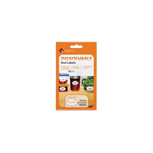 Maco Dissolvable Labels - 1 1/2" Width x 2 1/2" Length - Oval - Laser, Inkjet - White - 48 Total Label(s) - 48 / Box