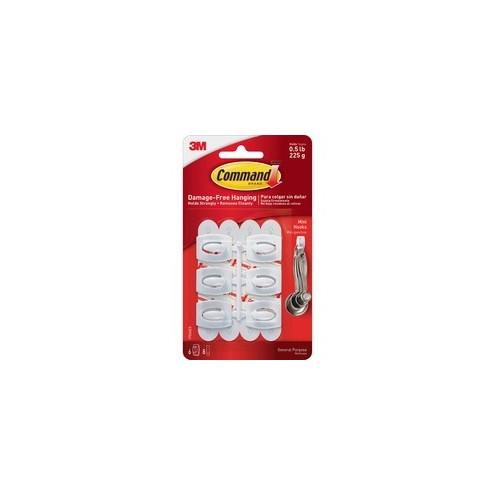 Command Mini White Hooks with White Strips - 6 Small Hook - 8 oz (226.8 g) Capacity - Plastic - White - 6 / Pack