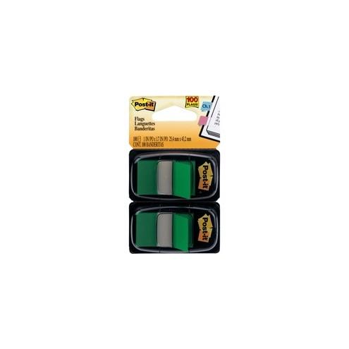 Post-it® Flags - 2 Dispensers - 100 x Green - 1" x 1.75" - Rectangle - Unruled - Green - Removable - 100 / Pack