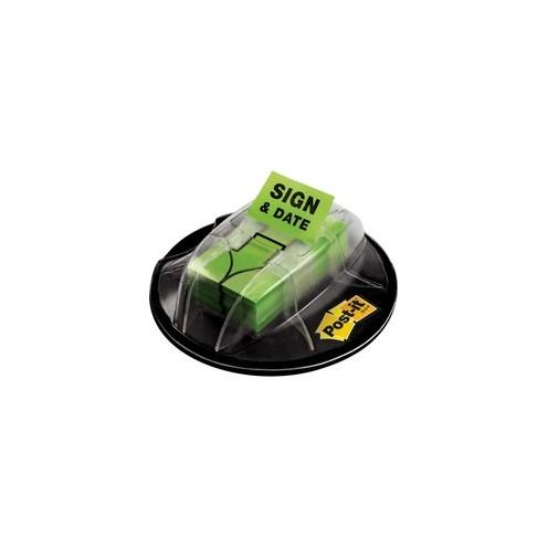 Post-it® 1"W Sign/Date Flags in Desk Grip Dispenser - 200 x Bright Green - 1" x 1.75" - Arrow, Rectangle - Unruled - "Sign & Date" - Bright Green - Removable, Self-adhesive - 200 / Pack