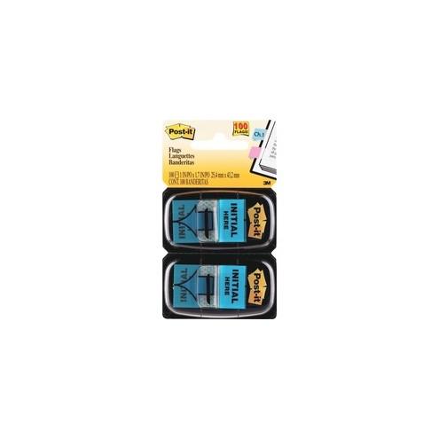 Post-it® Message Flags - 2 Dispensers - 100 - 1" x 1.75" - Arrow, Rectangle - Unruled - "Initial Here" - Blue - Removable, Self-adhesive - 100 / Pack