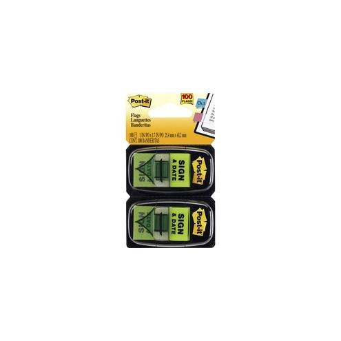 Post-it® Message Flags - 2 Dispensers - 100 x Green - 1" x 1.75" - Arrow, Rectangle - Unruled - "Sign & Date" - Bright Green - Removable, Self-adhesive - 100 / Pack