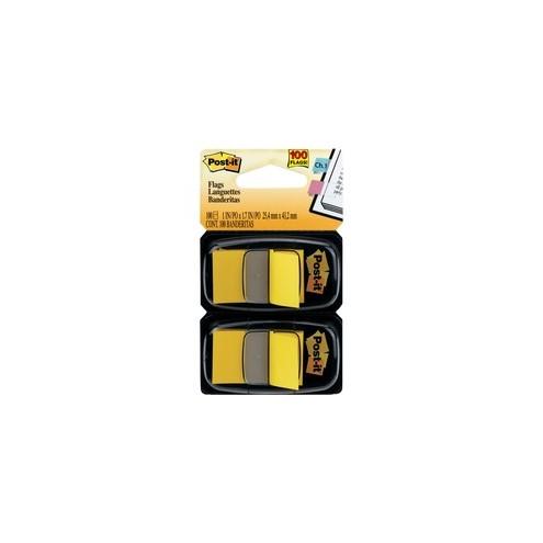Post-it® Flags - 2 Dispensers - 100 x Yellow - 1" x 1.75" - Rectangle - Unruled - Yellow - Removable, Self-adhesive - 100 / Pack