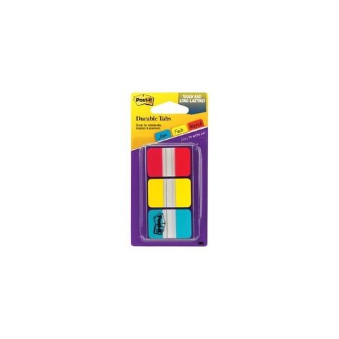 Post-it® Durable Tabs - 36 Write-on Tab(s) - 1.50" Tab Height x 1" Tab Width - Red, Blue, Yellow Tab(s) - 1 Pack