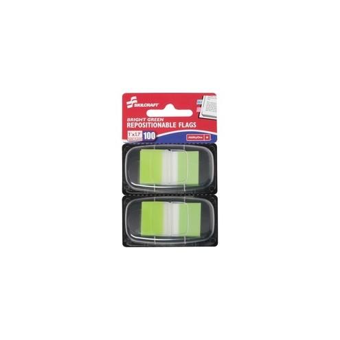 SKILCRAFT Bright Self-stick Marker Flags - 1" x 1.75" - Rectangle - Bright Green - Repositionable, Self-adhesive, Removable - 100 / Pack
