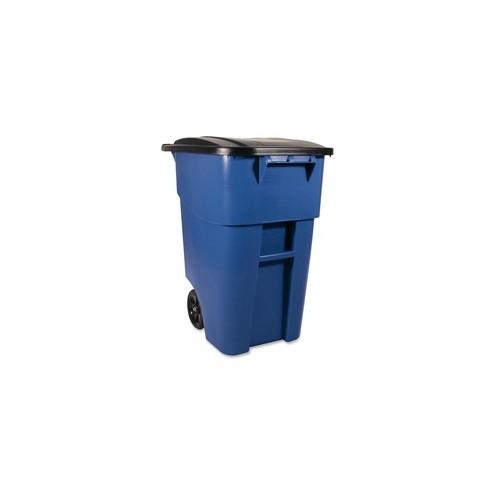 Rubbermaid Commercial Brute Rollout Container with Lid - Swing Lid - 50 gal Capacity - Mobility, Heavy Duty, Wheels, Lid Locked, Rounded Corner - Blue