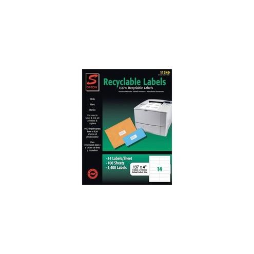 Simon SJ Paper Recyclable Laser/Ink Jet Labels - 1 21/64" Width x 4" Length - Rectangle - Laser, Inkjet - White - 14 / Sheet - 1400 / Pack