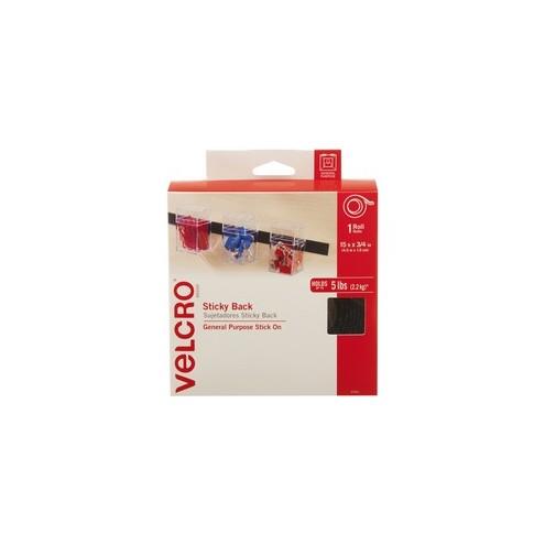 VELCRO® Brand Sticky Back Tape, 15ft x 3/4in Roll, Black - Simple peel and stick application, ideal for smooth surfaces. Designed for indoor use.