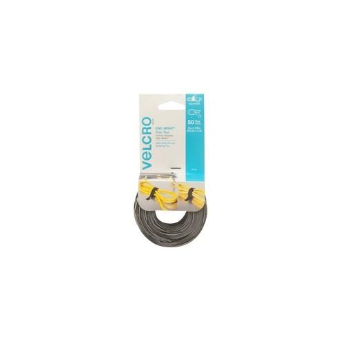 VELCRO® Brand ONE-WRAP® Thin Ties, 8in x 1/2in, Gray & Black, 50ct - Adjustable and reusable pre-cut ties. Wraps onto itself for a secure hold.