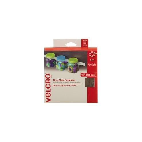 VELCRO® Brand Thin Clear Fasteners, 15ft x 3/4in Roll, Clear - Low profile and easy to apply. Adheres to most surfaces including glass for an inconspicious look.