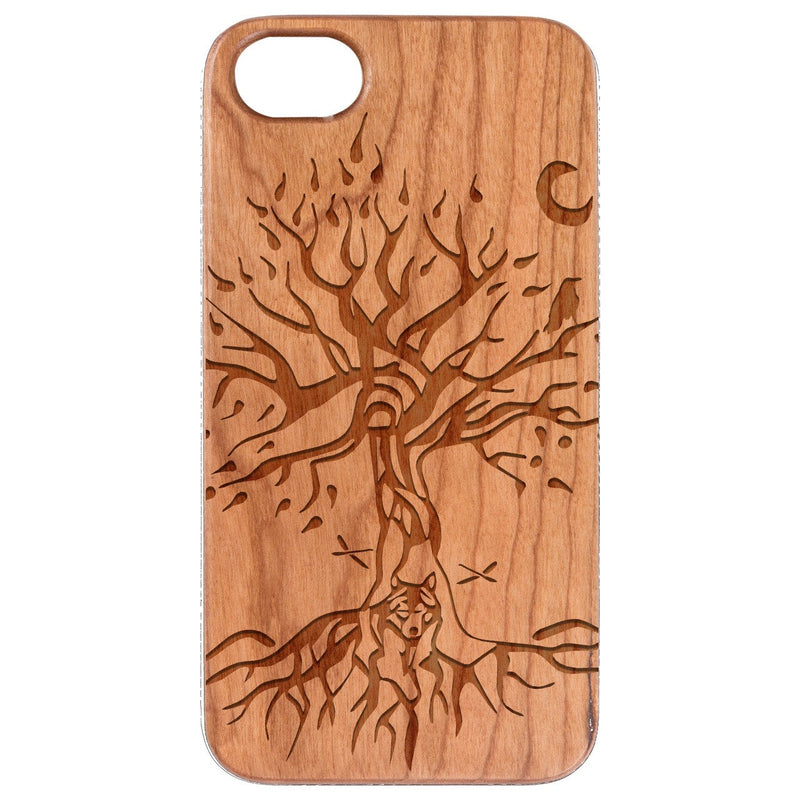 Tree with Wolf - Engraved - Wooden Phone Case - IPhone 13 Models