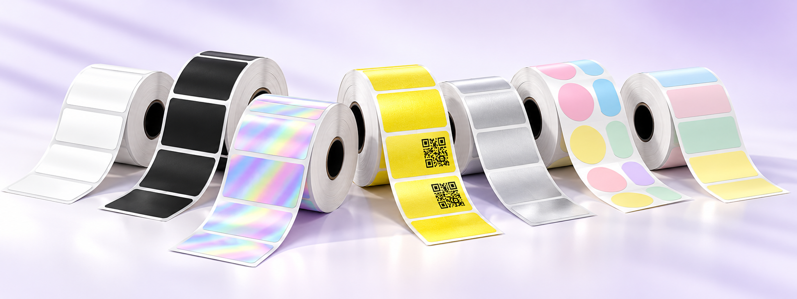 NIIMBOT M2_H thermal-transfer label collection in white, silver, black, yellow, and assorted colors