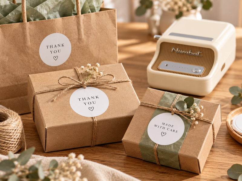 Round white labels on retail packaging