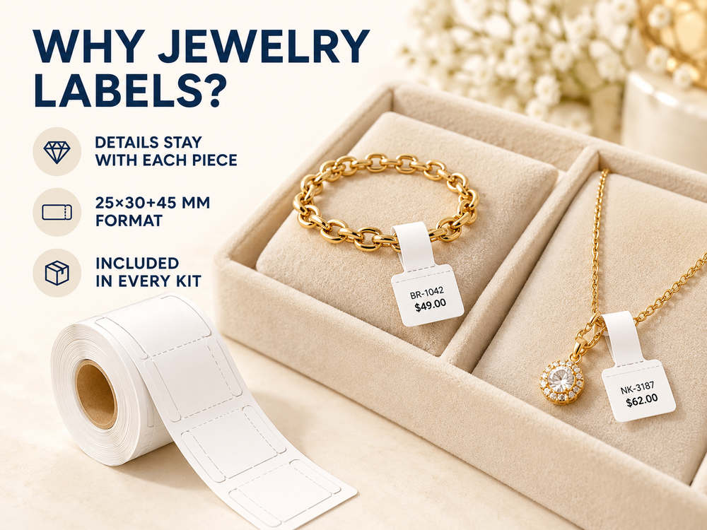 White jewelry hanging tags attached to individual jewelry pieces