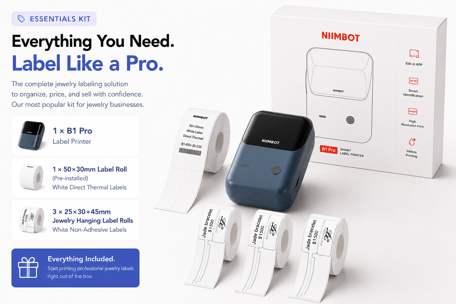 NIIMBOT B1 Pro Jewelry Labeling System | Professional Jewelry Label Printer Kit for Boutiques & Small Business