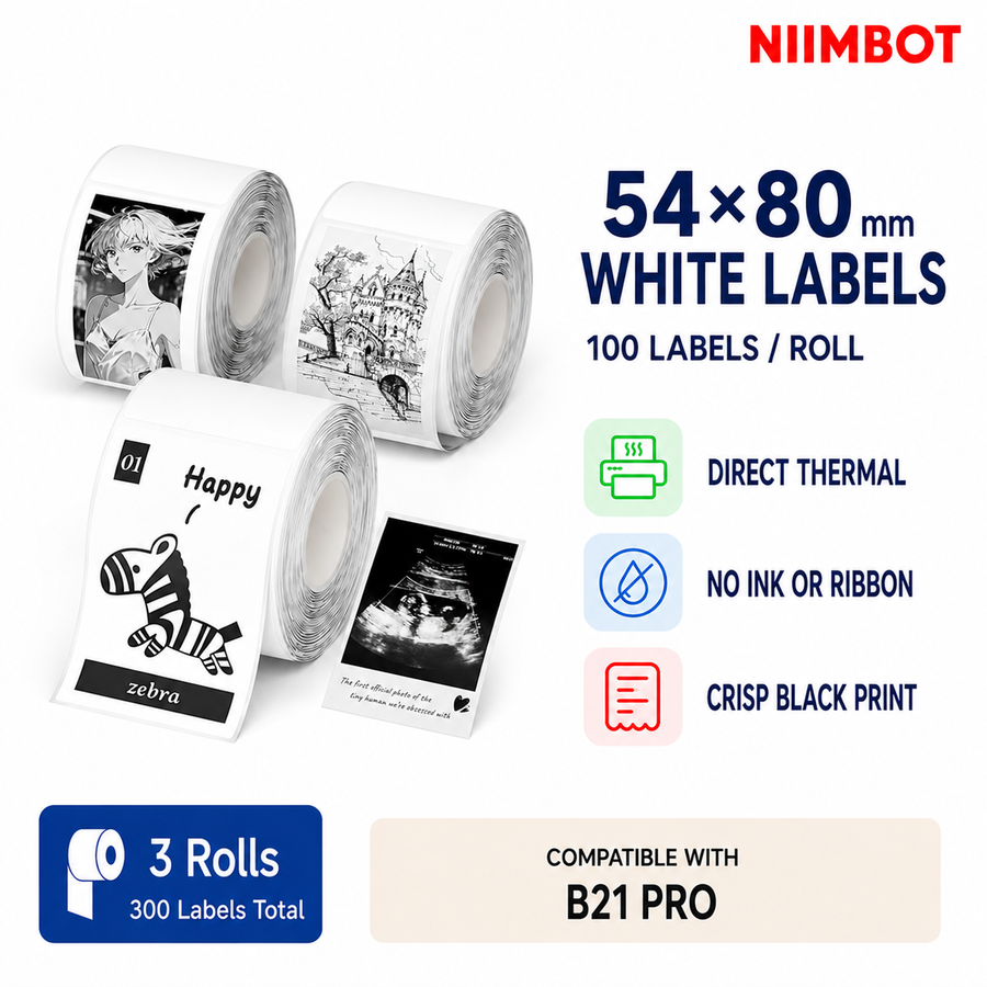 NIIMBOT Photo Papers Only for B1 Pro Label Makers, 54x80mm (2.13"x3.15"), 100 Tapes/Roll, White