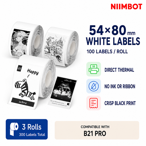 NIIMBOT Photo Papers Only for B1 Pro Label Makers, 54x80mm (2.13"x3.15"), 100 Tapes/Roll, White