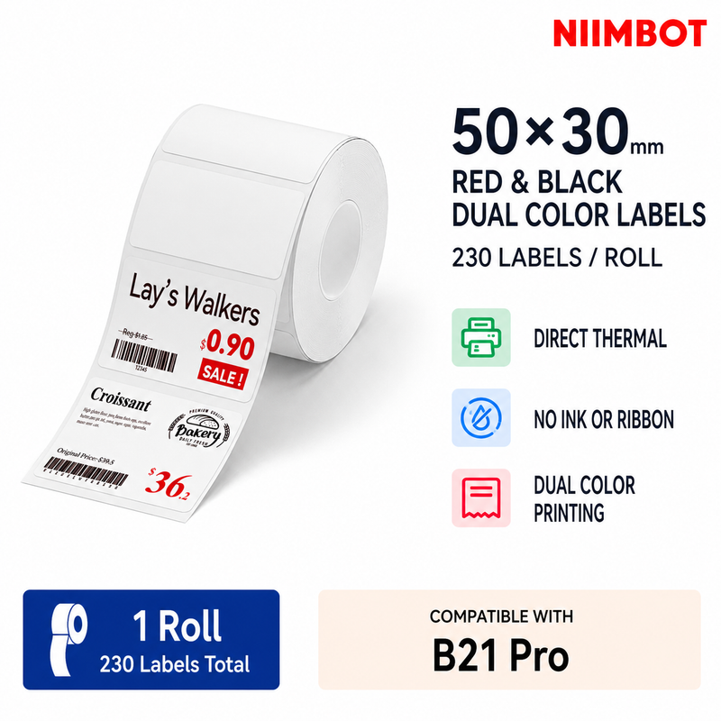 NIIMBOT Red&Black Labels, 50x30mm (1.97"x1.18"), Refill Sticker Papers Compatible with Pro Series Label Makers, Dual Color Printing Stickers Good Idea for Schools,Business,Price Tags,Baking