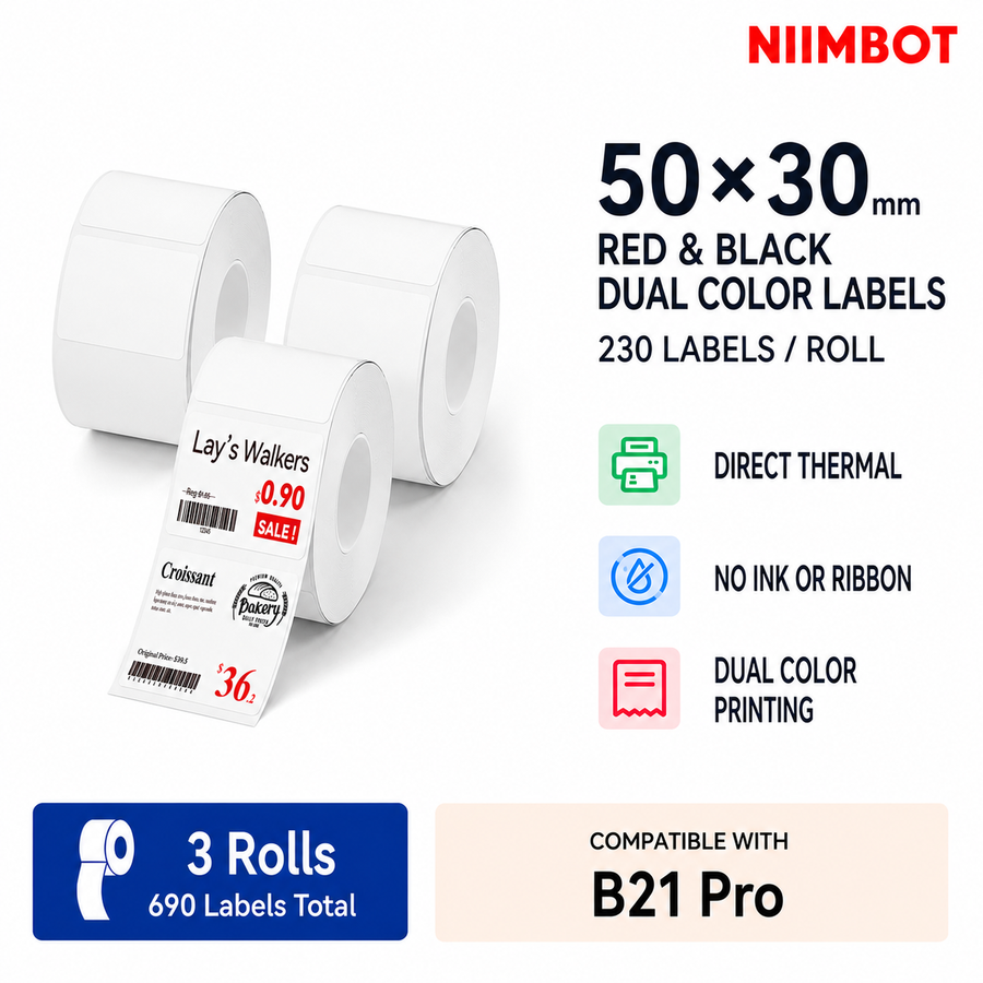 NIIMBOT Red&Black Labels, 50x30mm (1.97"x1.18"), Refill Sticker Papers Compatible with Pro Series Label Makers, Dual Color Printing Stickers Good Idea for Schools,Business,Price Tags,Baking