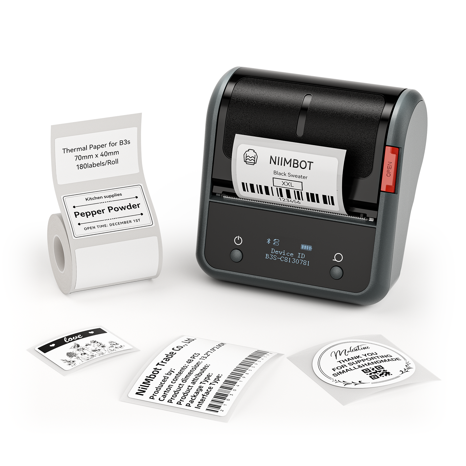 NIIMBOT Label Maker Machine, B3S Thermal Label Maker, Upgrade 3Inch Thermal Label Printer, Portable Label Maker with 1Pack 70x40mm Label, Bluetooth Label Makers for Clothing, Barcode & Small Business (Black)