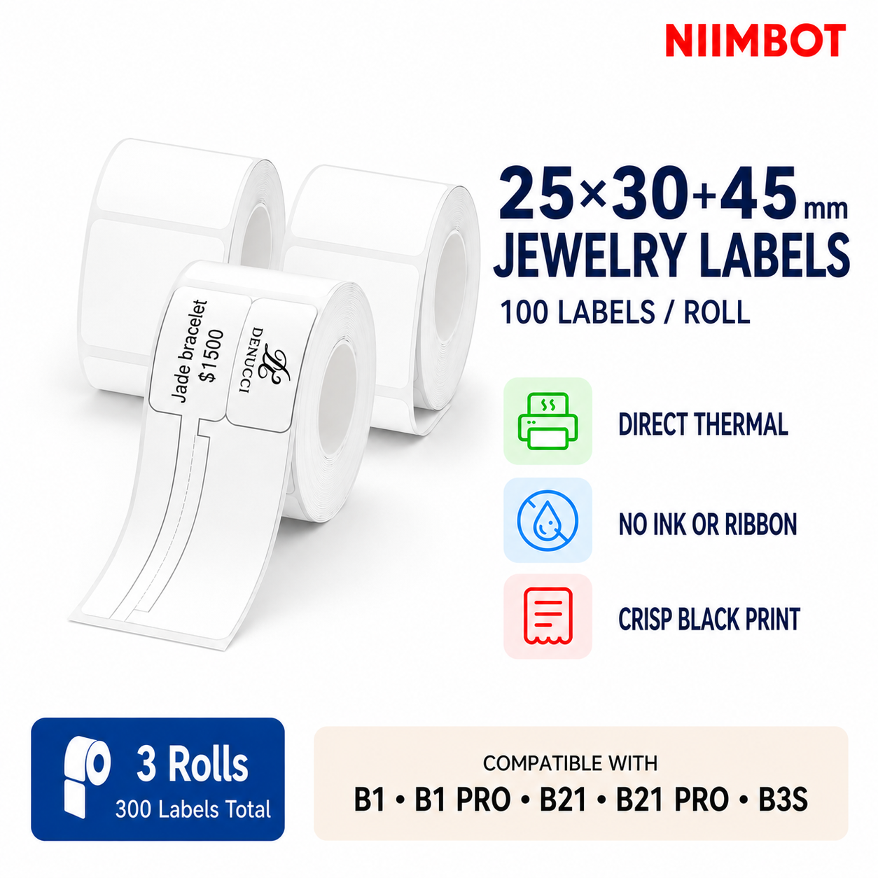 Original NIIMBOT Jewelry Hanging Labels for B1, B21 Pro & B-Series Printers, 25 × 30 × 45 mm (0.98" × 1.18" × 1.77"), White, 100 Labels/Roll